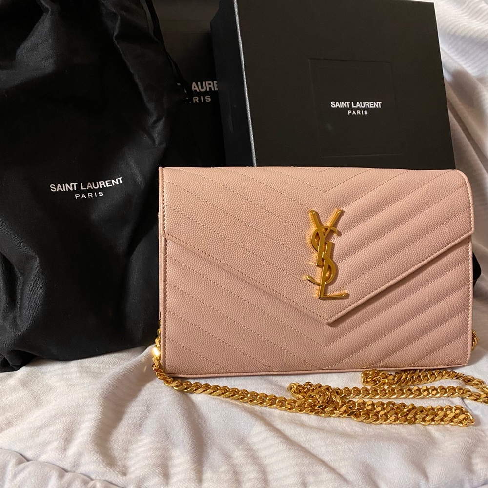 YSL poudre (pink) wallet on chain with gold hardware - GUC